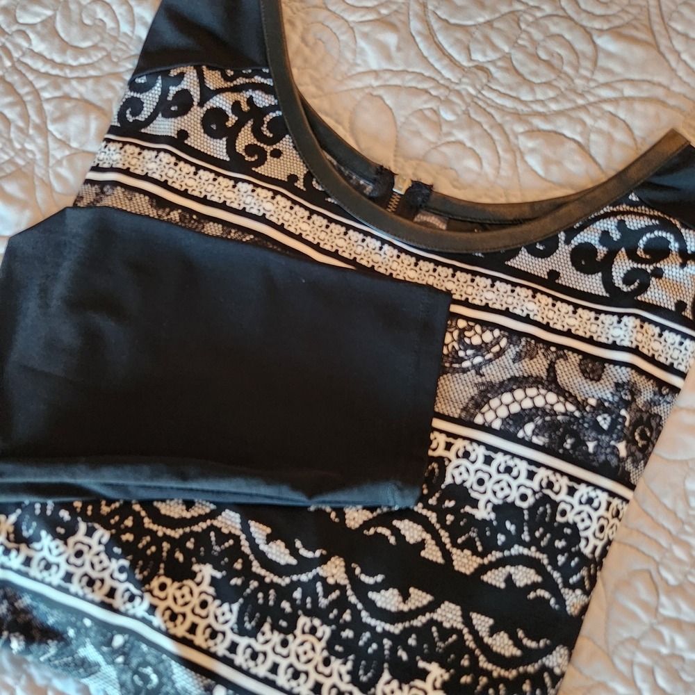 Unique Worthington Woman Black White Lace Print Faux Leather Trim Long Sleeve 3X